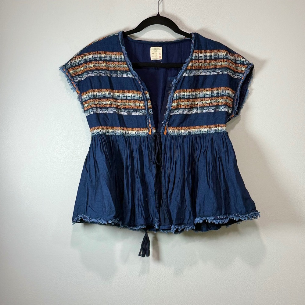 Sfera Original Denim Premium Blue Embroidered Peplum Tassel Boho Top Womens S